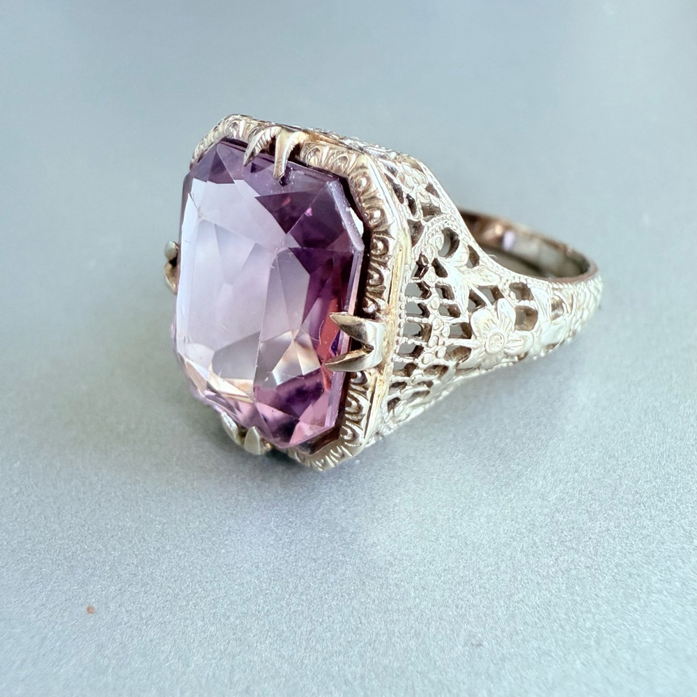 Estate 14K White Gold Antique Art Deco 5 CT Emerald Cut Amethyst Ring - Picture 3 of 13